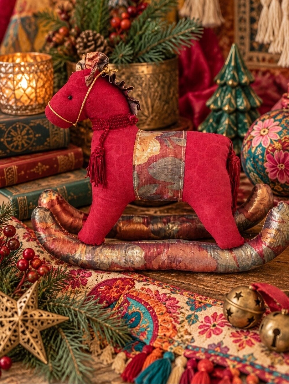 4/$15 Vintage Style Rocking Horse Christmas Decor Red Boho Maximalist Cottagecor